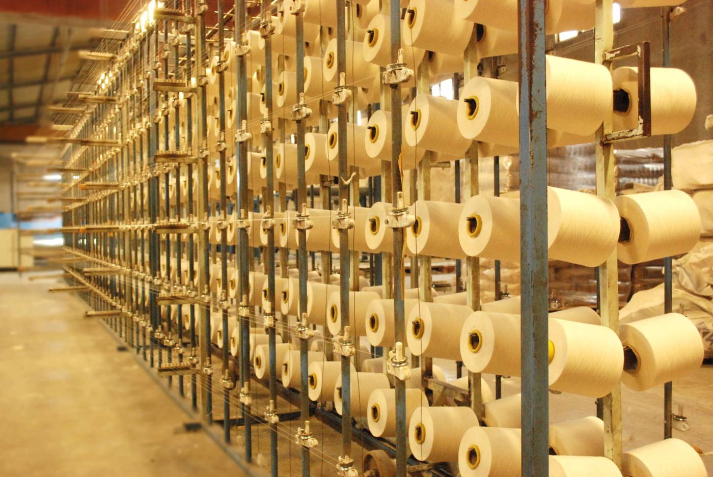 Yarn cones on a warping creel